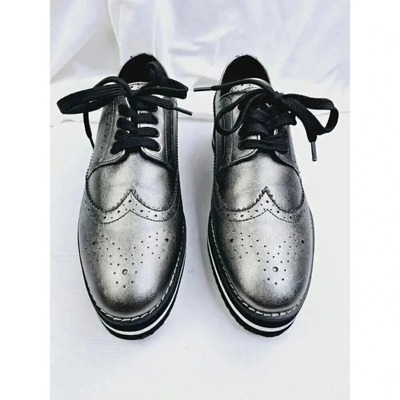Zara Women's Size 40 (US 9.5-10) Charcoal Gray Wingtip Playform Lace Up Shoes - Picture 4 of 14